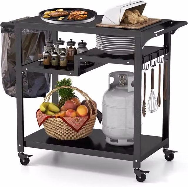Costway Black Metal Outdoor BBQ Cart and Pizza Oven Table with 3 Shelves, W/D/H: 111.0 x 50.0 x 75.0 cm – 1