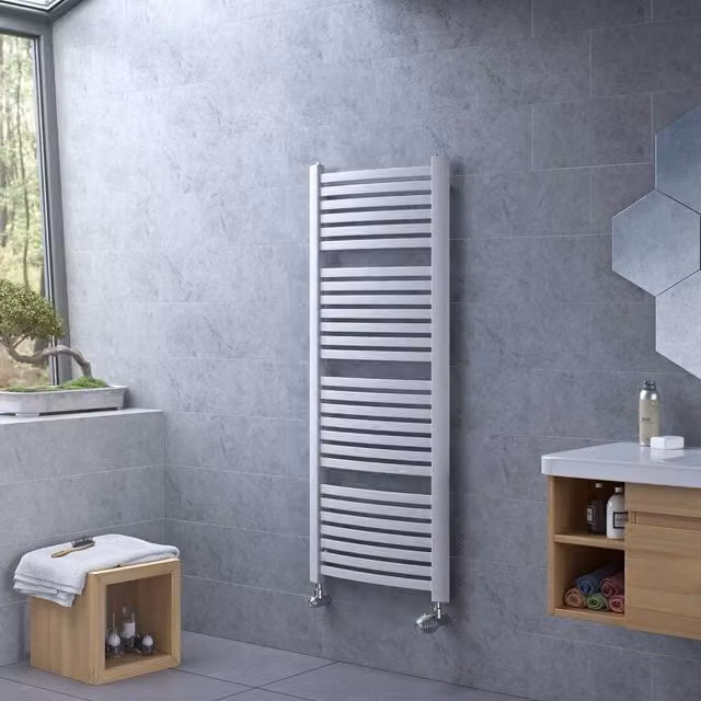 Bathroom Kingdom Fino White Curved Wall Mounted Heated Towel Rail H: 94.5 cm, W: 58 cm