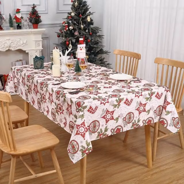 London Boutique White Waterproof Christmas Snowflake Tablecloth with Wipe-Clean Design – 1