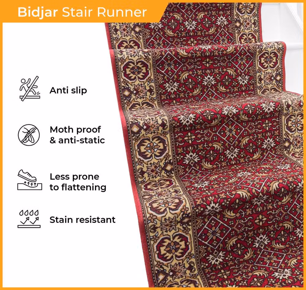 runrug Bidjar Stair Runner Carpet, Red, W: 66 cm, L: 570 cm – 3