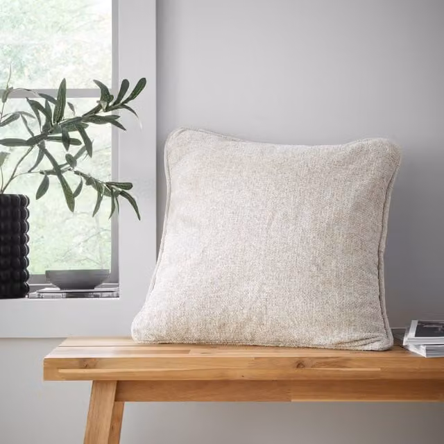 Catherine Lansfield Wilson Plain Chenille Filled Square Cushion, Beige, 45 x 45 cm