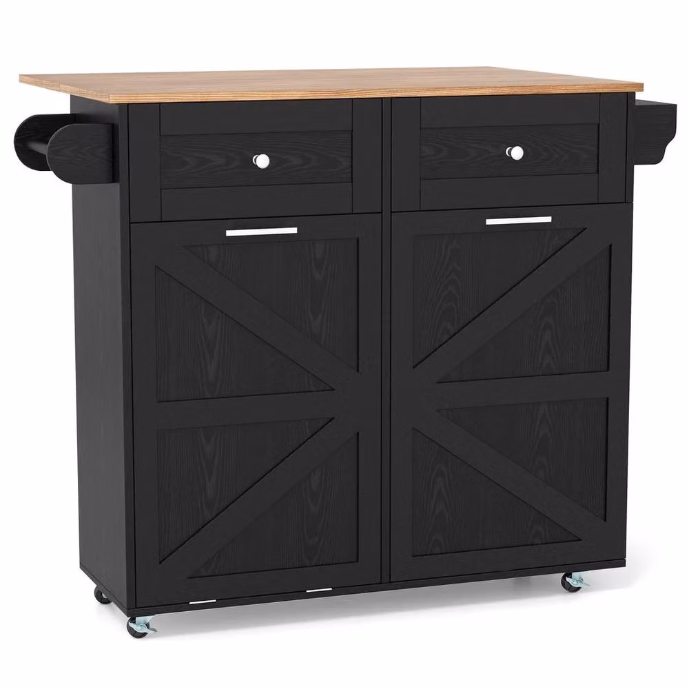FORGEVIO Mobile Kitchen Island Table with Rubber Wheels in Black Matt Wood – 3