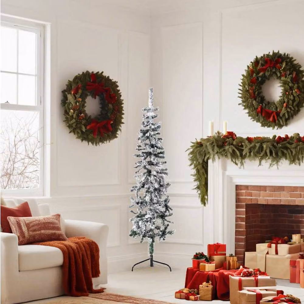 Berkfield Home Slim Artificial Half Christmas Tree with Flocked Snow in Green and White, Height: 150 cm – 2