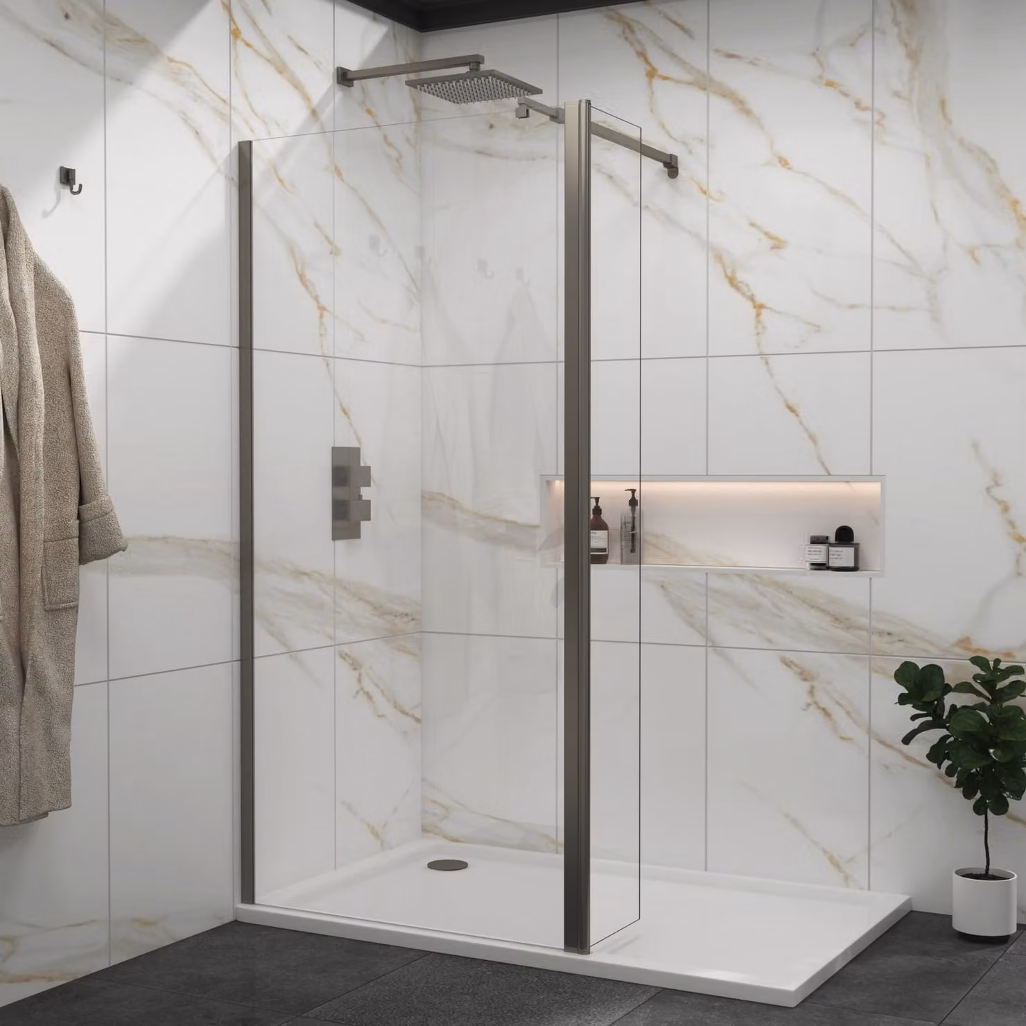 Royal Bathrooms Marbella Walk In Wet Room Shower Screen with Flipper Panel, Gun Metal Grey, 8mm Easy Clean Glass, W: 185 cm