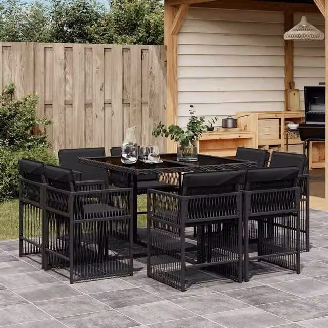 Berkfield Home 9 Piece Black Poly Rattan Garden Dining Set with Cushions and Glass Tabletop