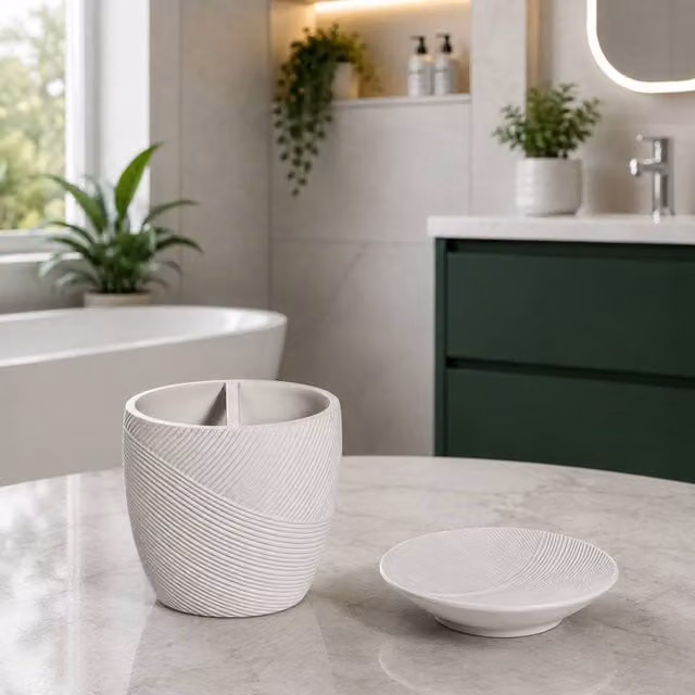 Showerdrape Ripple Bathroom Accessory Set - White Soap Dish and Toothbrush Holder