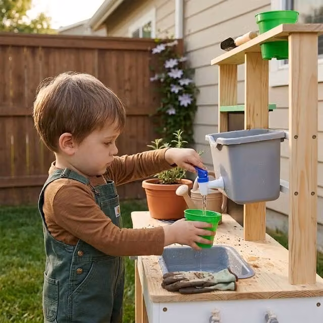 Teamson Kids Wooden Outdoor Mud Kitchen with Accessories in Multicolour and White