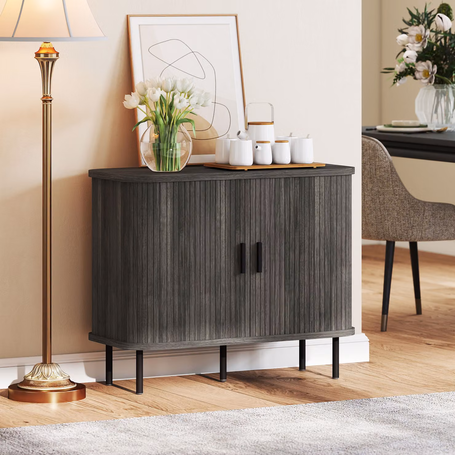 HOMCOM Mid Century Modern Grey Sideboard with Slatted Tambour Sliding Doors and Steel Legs – 2