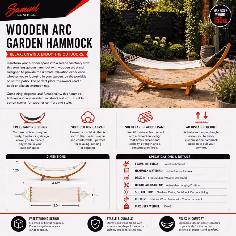 Samuel Alexander Palermo Freestanding Garden Hammock with Larch Wood Arc Stand in Cream – 4