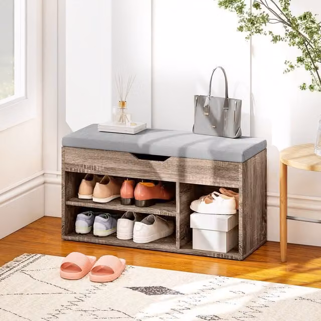 HOMCOM Grey Modern Sit-On Shoe Storage Unit with Hidden Compartment