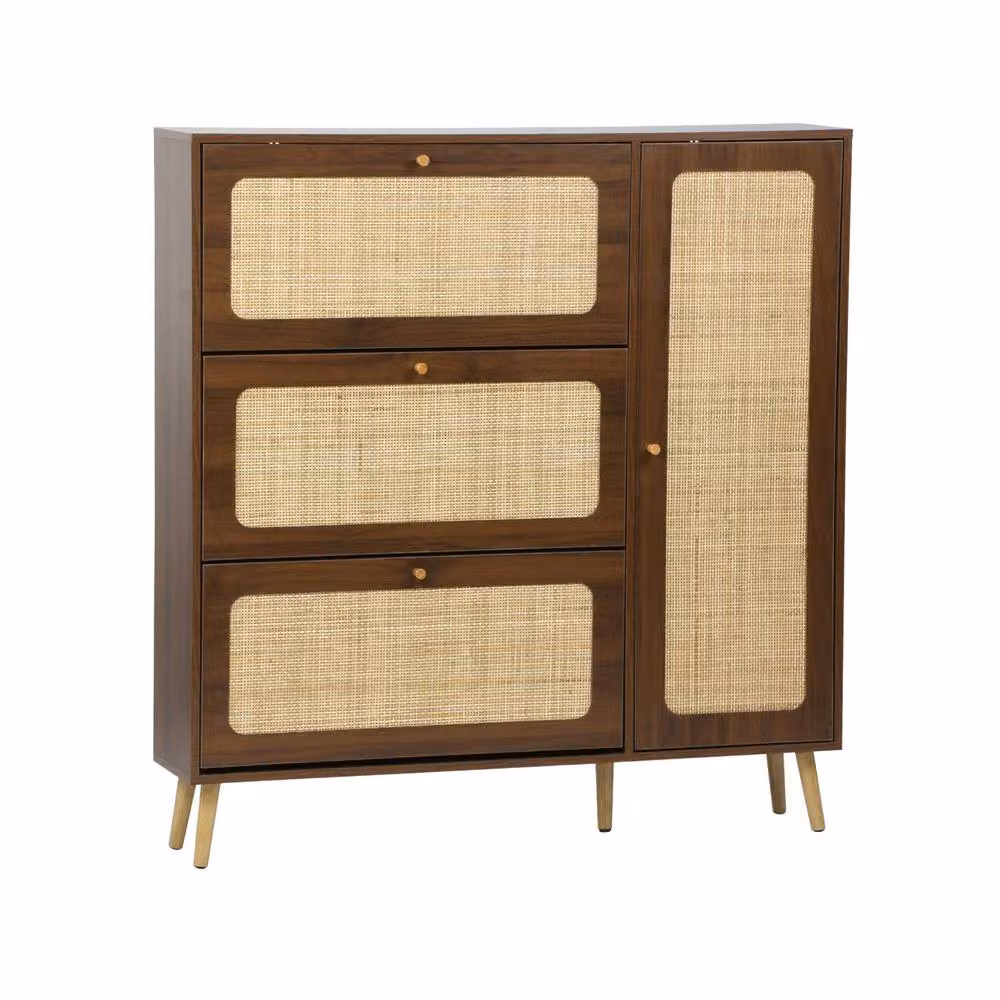 sweeek Mid Century Canework Shoe Cabinet with 3 Drawers and Tilting Compartments, Brown, W/D/H: 120 x 38.3 x 125 cm – 2