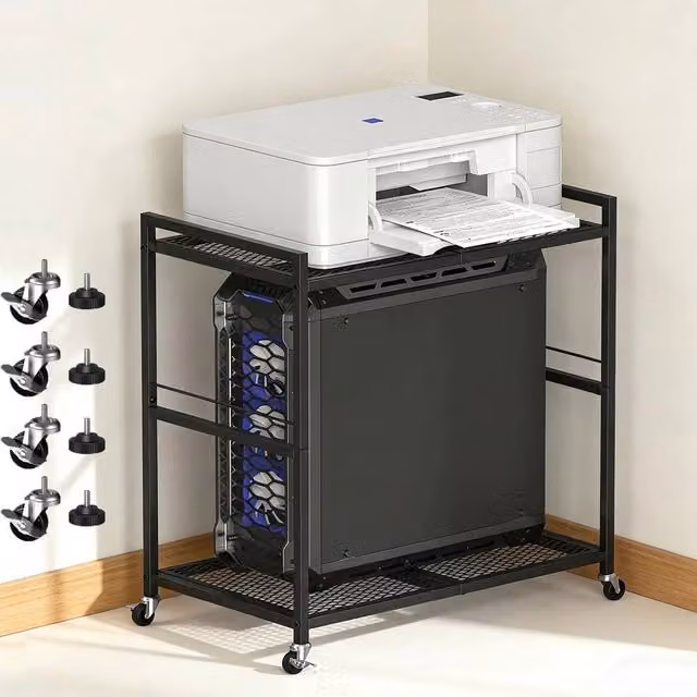 FORGEVIO 2-Tier Black Printer Stand and Computer Tower Trolley on Wheels