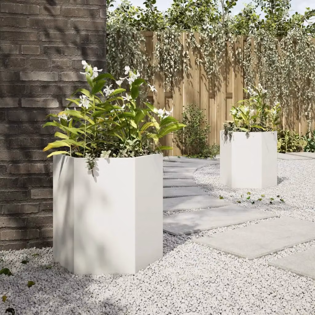 Berkfield Home Garden Hexagon Steel Planter Set, 2 Pieces, White, W: 46 cm, D: 40 cm, H: 45 cm – 4