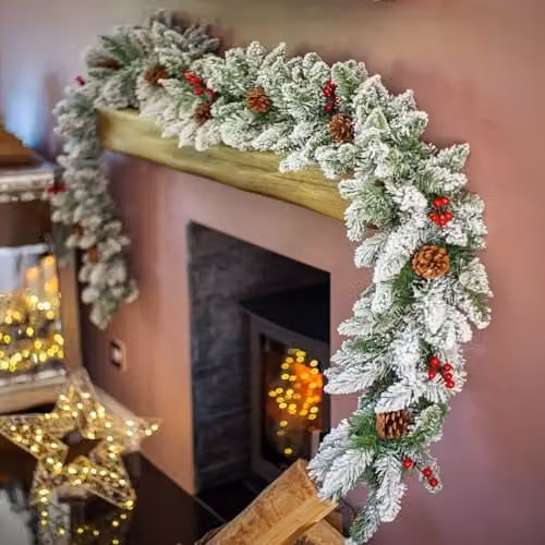 HomeZone Premium 9ft Snow Frosted Christmas Garland with Pine Cones in Green and White