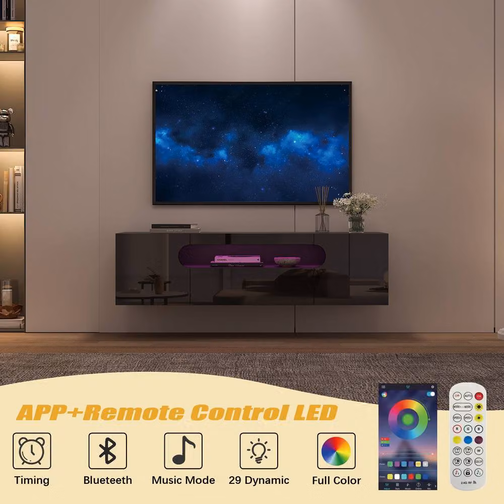 KEEPREAPER Sleek Floating TV Stand with LED Light and Storage Cabinet in Black – 5