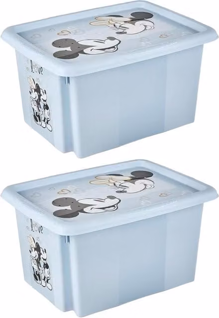 Keeeper Set of 2 Mickey Mouse Turn Around Stackable Boxes with Lid, 15 Litre, Cloudy Blue, W/D/H: 38.0 x 28.5 x 20.5 cm