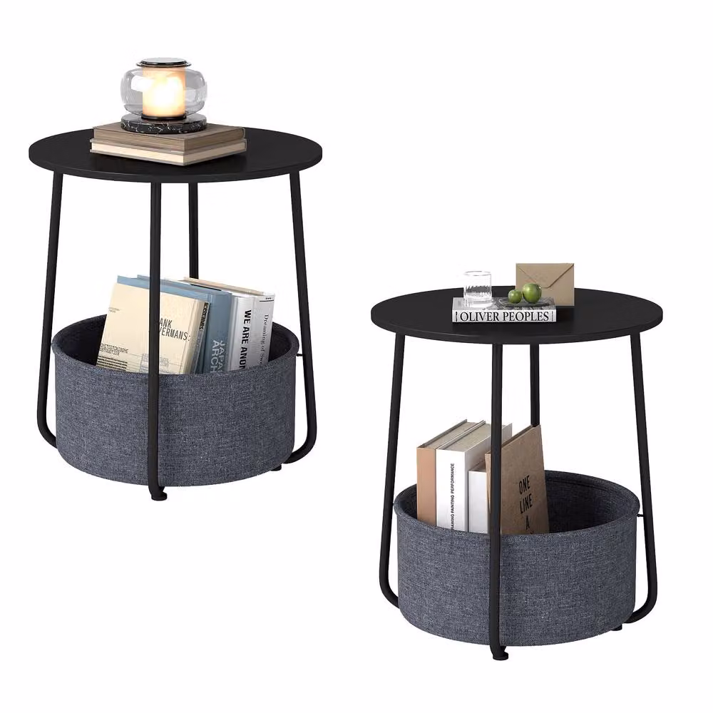 Gymax Modern 2-Tier Round End Table with Fabric Basket in Black – 9