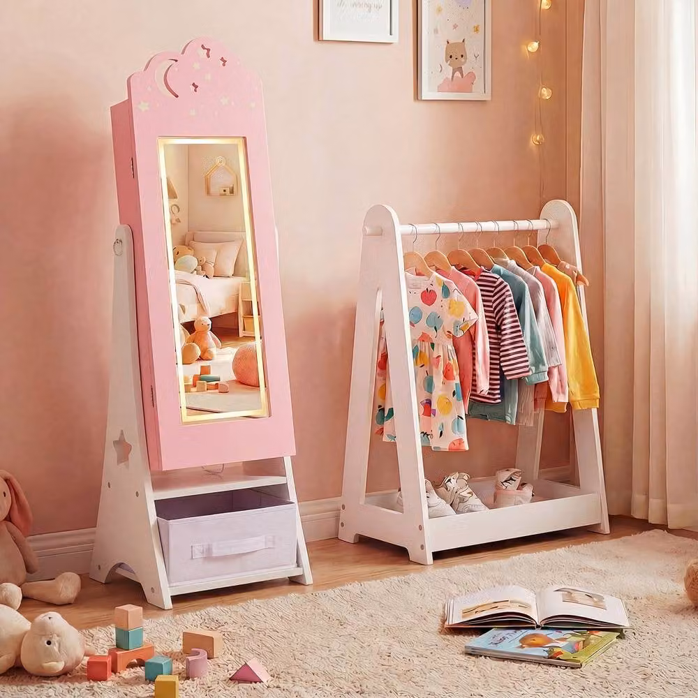 Costway Kids Jewelry Cabinet with LED Lighting and Full-Length Mirror in Pink – 2