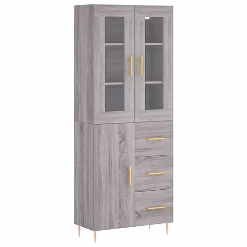 vidaXL Modern Grey Highboard with Doors and Drawers, W/D/H: 69.5 x 34 x 180 cm