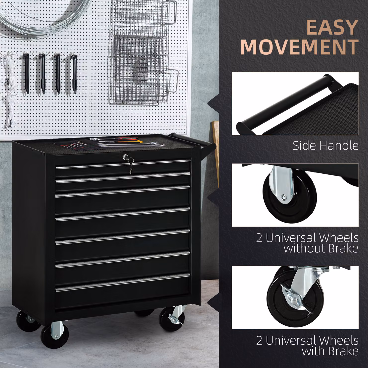 HOMCOM 7-Drawer Steel Tool Cabinet on Wheels with Lockable Rollable Design, Black – 5