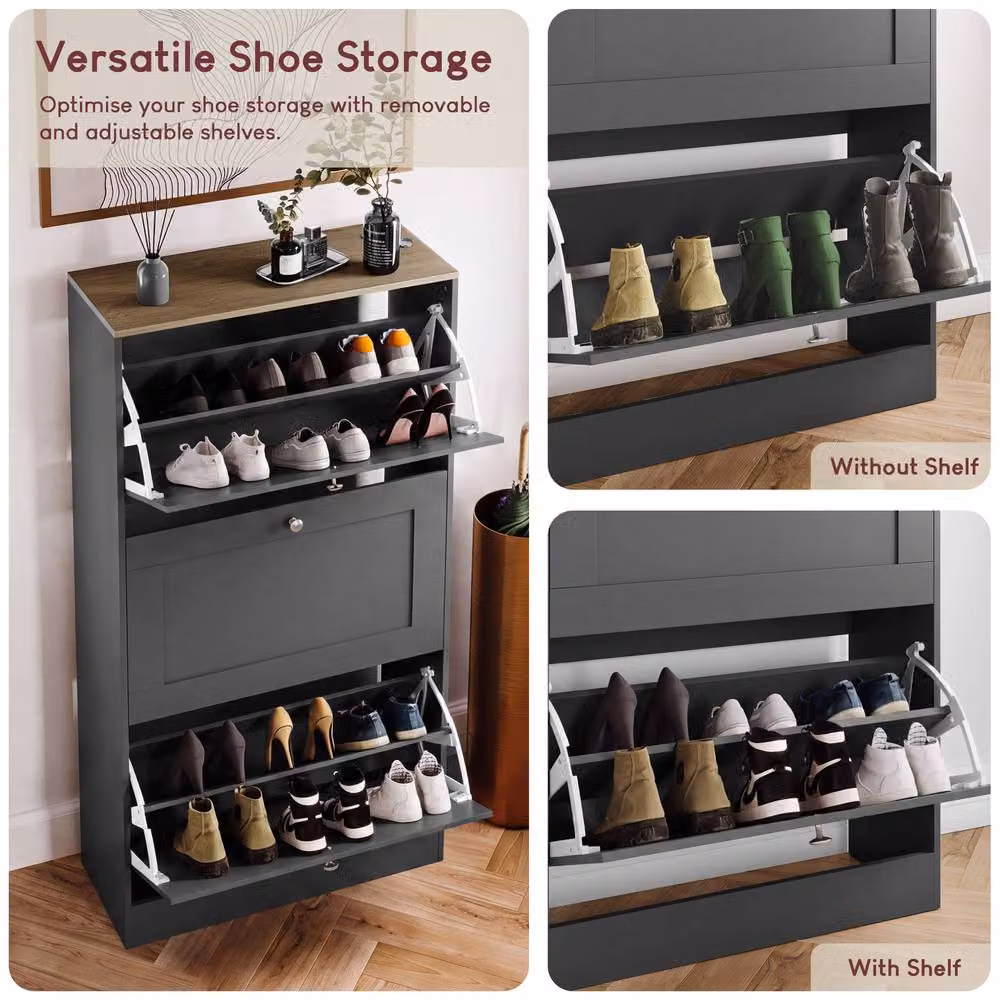 Home Discount Vida Designs 3 Drawer Shoe Cabinet with Tilting Compartments in Anthracite Grey – 5