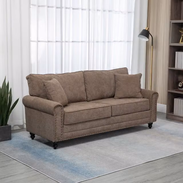 HOMCOM 3 Seater Fabric Sofa with Scatter Cushions in Brown – 1