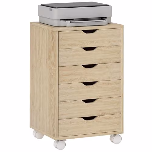 HOMCOM 6 Drawer Vertical Mobile File Cabinet with Soft-Close Drawers and Lock, Oak Wood Effect – 4