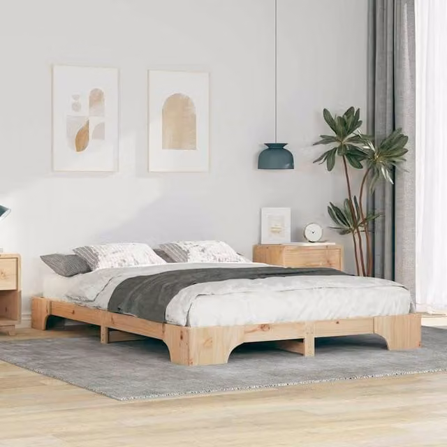 Berkfield Home Solid Wood Floor Bed Frame with Storage in Brown and Beige, W/D/H: 140 x 210 x 20 cm