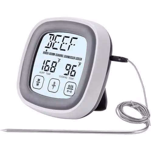 mysmartbuy Digital Instant Read Meat Thermometer with Probe, Stand, Magnetic Back and Timer in White, H8 x W8 x D3 cm