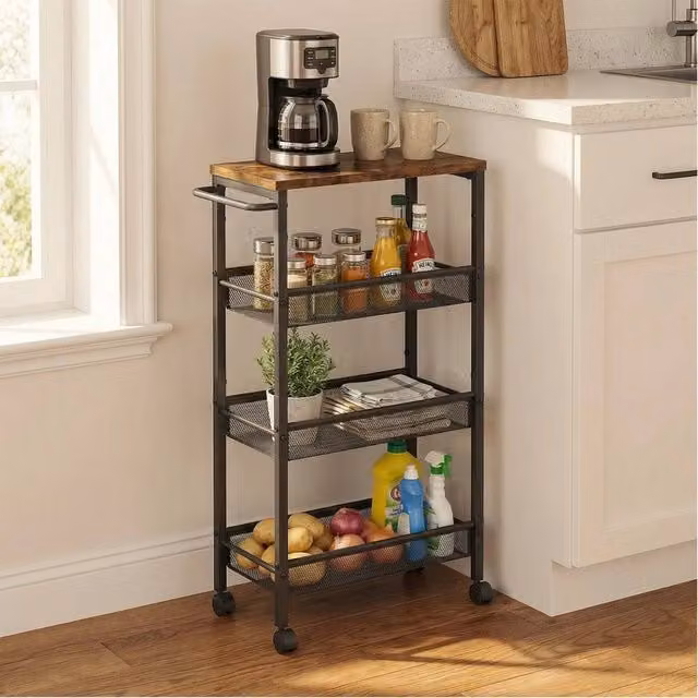KORVIXA 4-Tier Industrial Metal Trolley in Brown, W/D/H: 100 x 100 x 77 cm