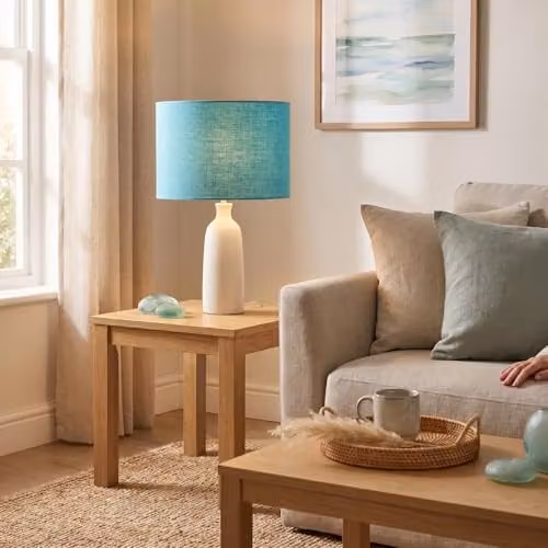 Happy Homewares Coastal Waters Teal Textured Linen Fabric Circular Lamp Shade in Turquoise and Petrol, W/D/H: 30 x 30 x 20 cm – 2