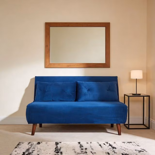 Home Source Blue Velvet Double Sofa Bed with Wooden Legs and Two Pillows – 1