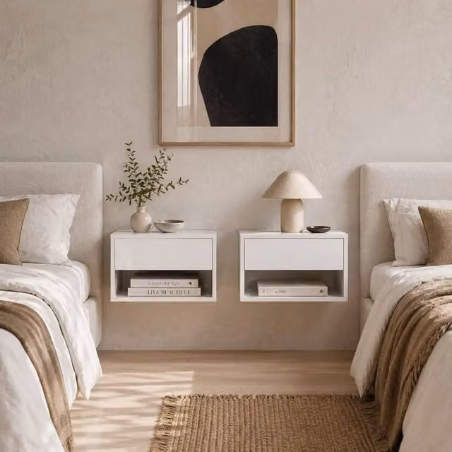 Wyld Haus Set of 2 High Gloss White Floating Bedside Tables with Drawer and Shelf