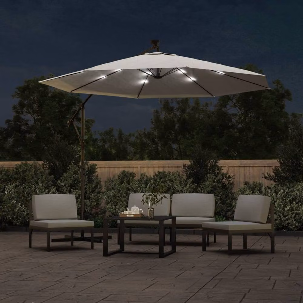 Berkfield Home Cantilever Hanging Parasol with LED Lighting, Sand and Beige Polyester with Metal Pole, Diameter: 300 cm – 3