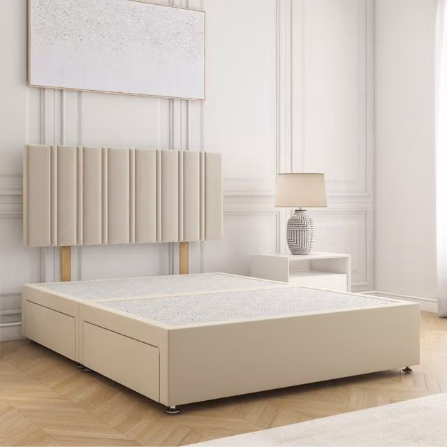 BSSPOKE Sienna King Size Divan Bed with 24 inch Plush Headboard and 2 Drawers in Beige Velvet Fabric
