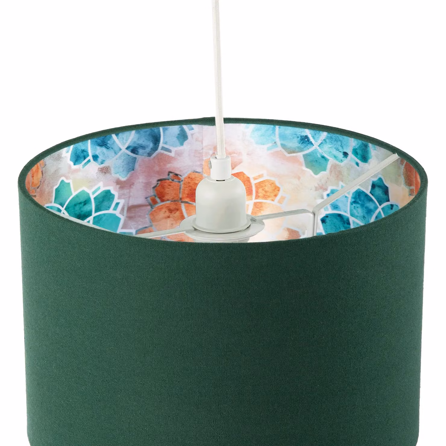 Happy Homewares Chic Emerald Green Linen Cylinder Lamp Shade with Moroccan Pattern Lining, Diameter: 30 cm – 4