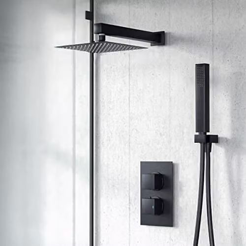 Nes Home Matte Black 2 Dial 2 Outlet Square Concealed Thermostatic Mixer Valve with Shower Head and Handset