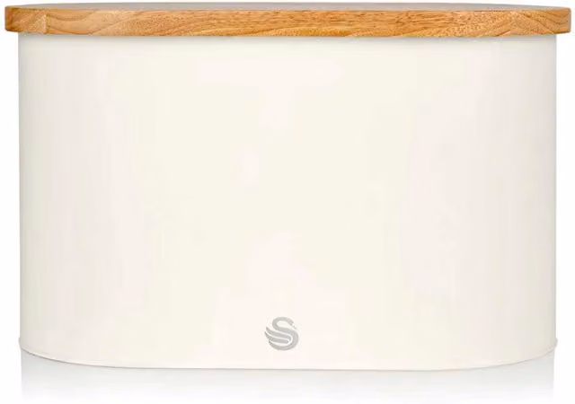 Swan Bread Bin in White with Bamboo Cutting Board Lid W/D/H: 34.5 x 16.5 x 18.5 cm