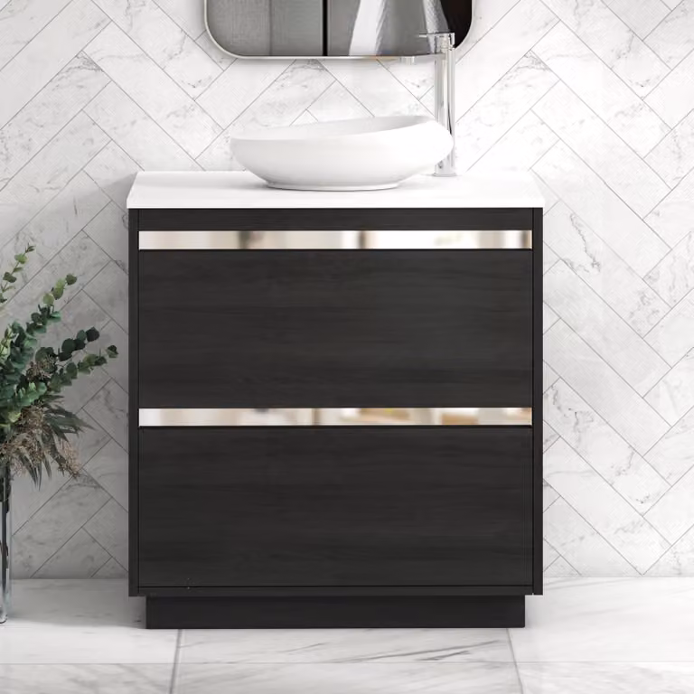 Royal Bathrooms Orion 800mm Hale Black Floor Standing Plain White Countertop Vanity Unit with 2 Drawers, Nova Basin and Chrome Accent Trim