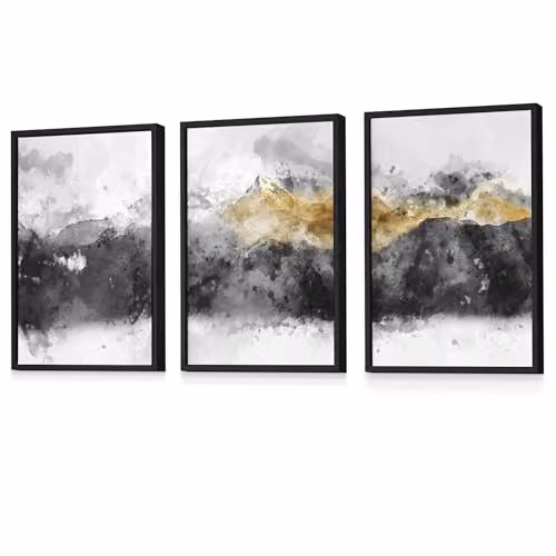 ARTZE Set of 3 Abstract Grey and Yellow Mountain Landscape Wall Art with Black Frames, W: 45 cm, H: 62 cm, D: 2 cm – 2