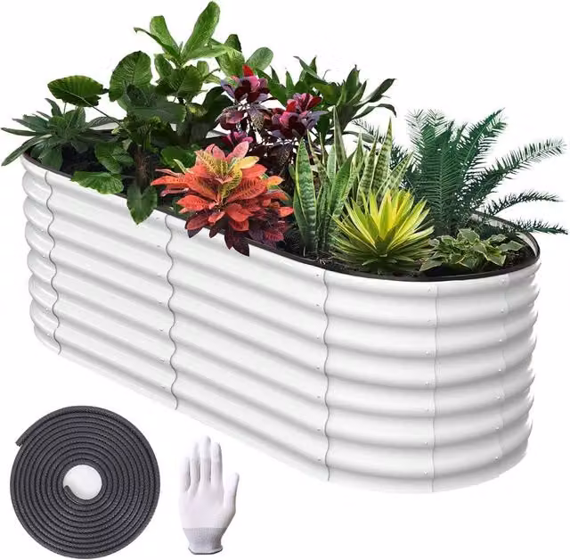 London Boutique Galvanised Steel Raised Garden Bed Planter in Off-White, W/D/H: 183 x 91 x 61 cm