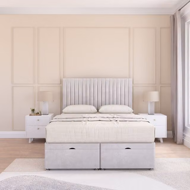 Sloomy Manhattan King Size Ottoman Bed with 26 Inch Headboard and Hybrid Memory Mattress in Silver
