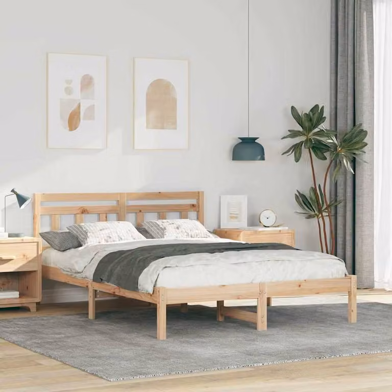 Berkfield Home Traditional Bed with Headboard in Brown and Beige, Solid Pine Wood, W/D/H: 140 x 190 x 80.5 cm