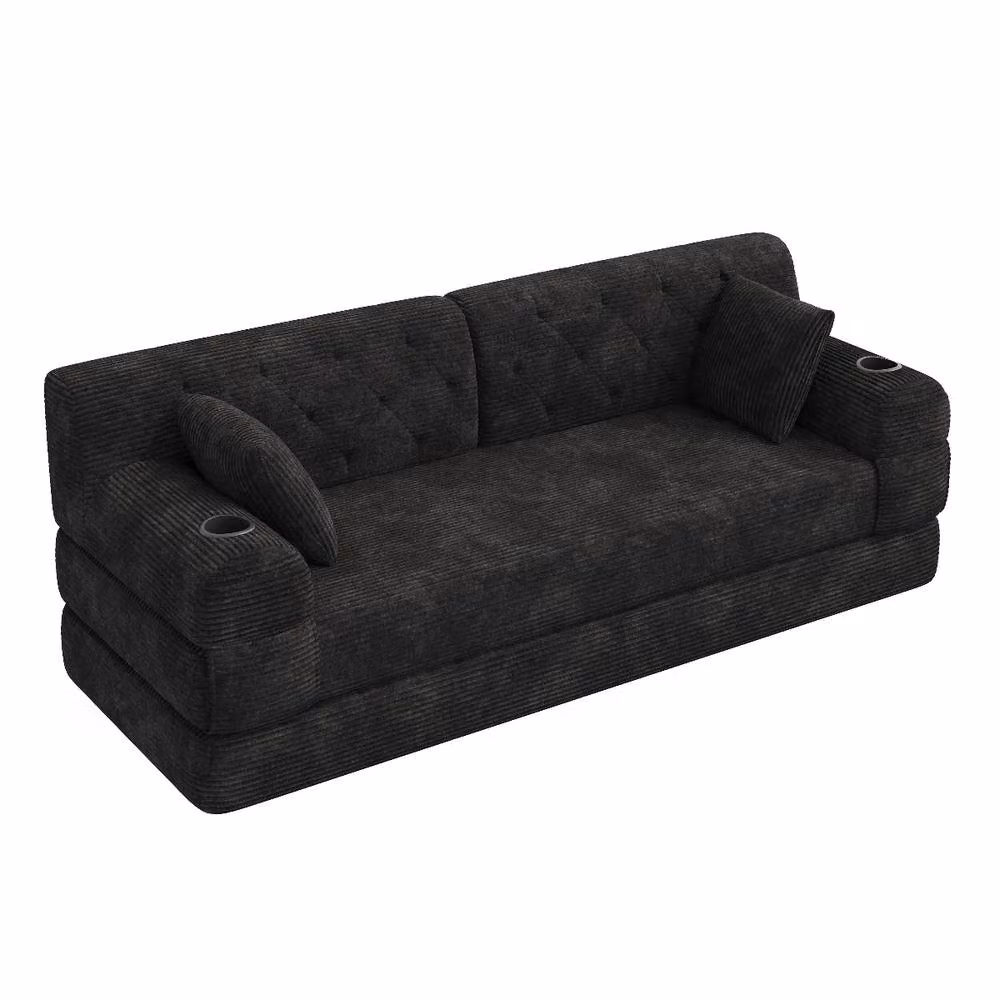 Rolipo Black 3-Seater Corduroy Sleeper Sofa Bed with Cup Holders – 5