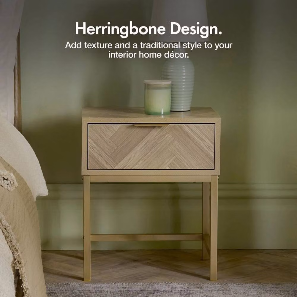 NESTLUNE Herringbone Bedside Table with 1 Drawer in Brown – 2