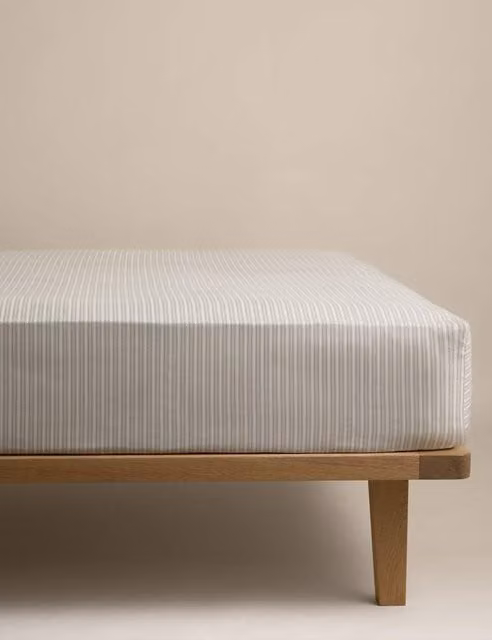 M&S Brushed Cotton Striped Deep Fitted Sheet in Beige and White, 180 x 200 cm