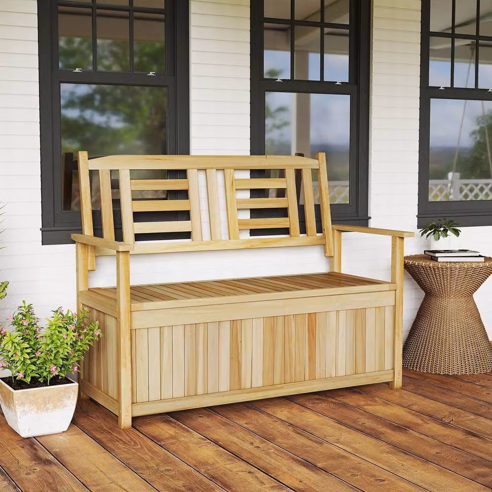 Gymax Solid Wood Patio Bench Storage Loveseat with Backrest and Armrests in Brown – 4