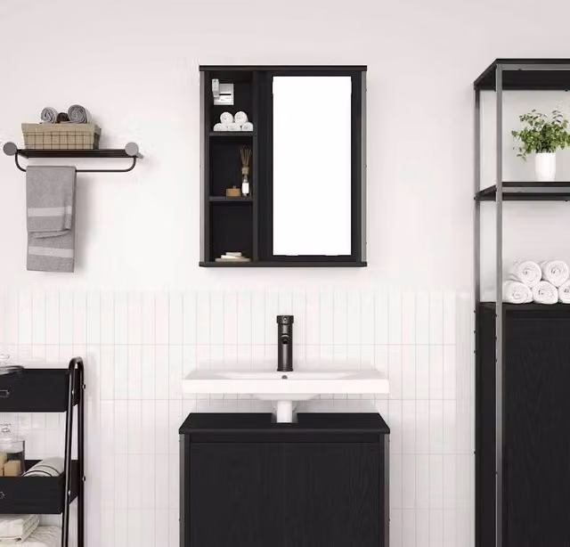 Berkfield Home Modern Black Oak Decorative Bathroom Wall Cabinet with Mirror and Internal Shelves, W/D/H: 50 x 21 x 60 cm – 1