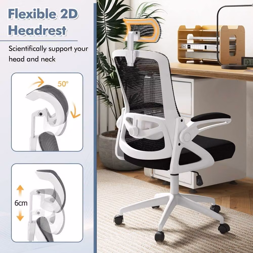 Costway White Fabric Swivel Office Chair with Headrest and Armrests – 6