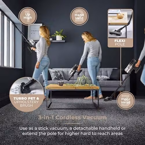 Tower T513025 VL120 Optimum Pets Cordless 3-in-1 Pole Vacuum with Flexi-Pole, HEPA Filter, 1.5L Bagless Dust Tank, 26kPa, Black & Bronze – 2